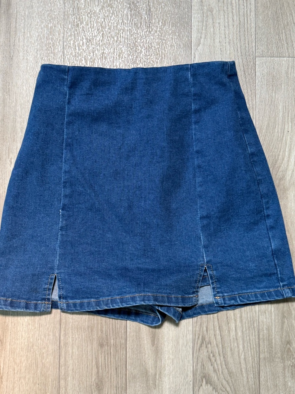 Denim Mini Skort with Front Slits - Blue